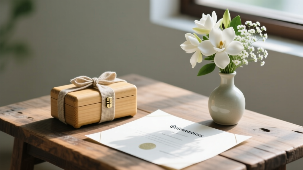Bamboo travel jewelry box wrapped in linen ribbon beside a graduation diploma and small bouquet of white flowers on wooden table