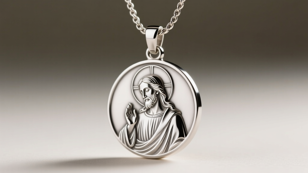 Close-up of a rhodium-plated sterling silver Saint Christopher medal on a 1.5mm rope chain with a secure lobster clasp detail.