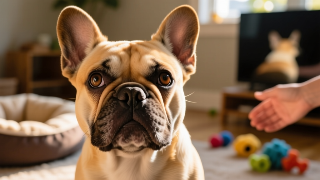 Close-up portrait of a French Bulldog showing its characteristic flat face, large eyes, and upright ears