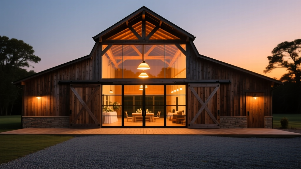 A sprawling rustic timber-frame wedding barn with large glass garage doors, warm interior pendant lighting, and a manicured gravel courtyard at dusk