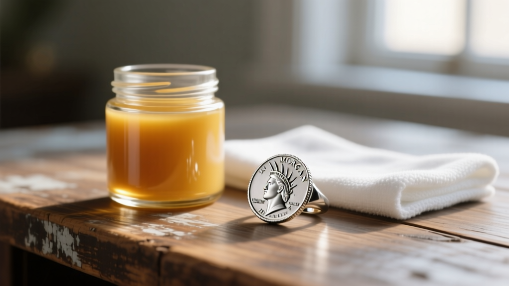 Glass jar of conservation wax and a soft cloth next to a cleaned vintage Morgan dollar silver ring on a rustic wooden desk.
