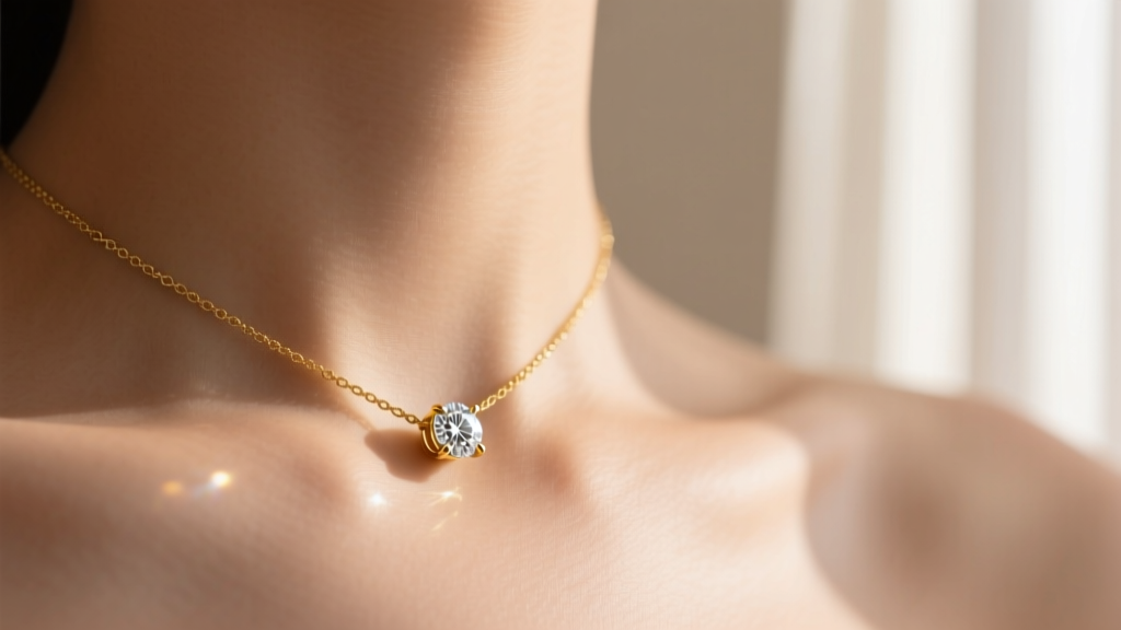 Close-up of a 14k gold stud necklace on a collarbone, featuring a bezel-set diamond pendant catching soft natural window light.