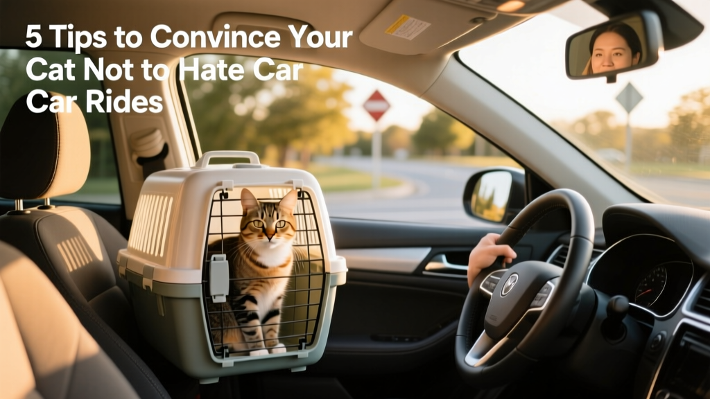 A cat seated calmly in a secured carrier on a vehicle’s back seat, facing forward with owner visible in rearview mirror