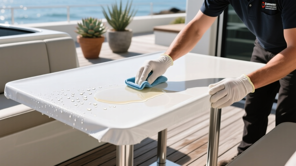 Technician applying clear liquid waterproofing protectant to a white marine-grade vinyl RV dinette table cover with a microfiber cloth.