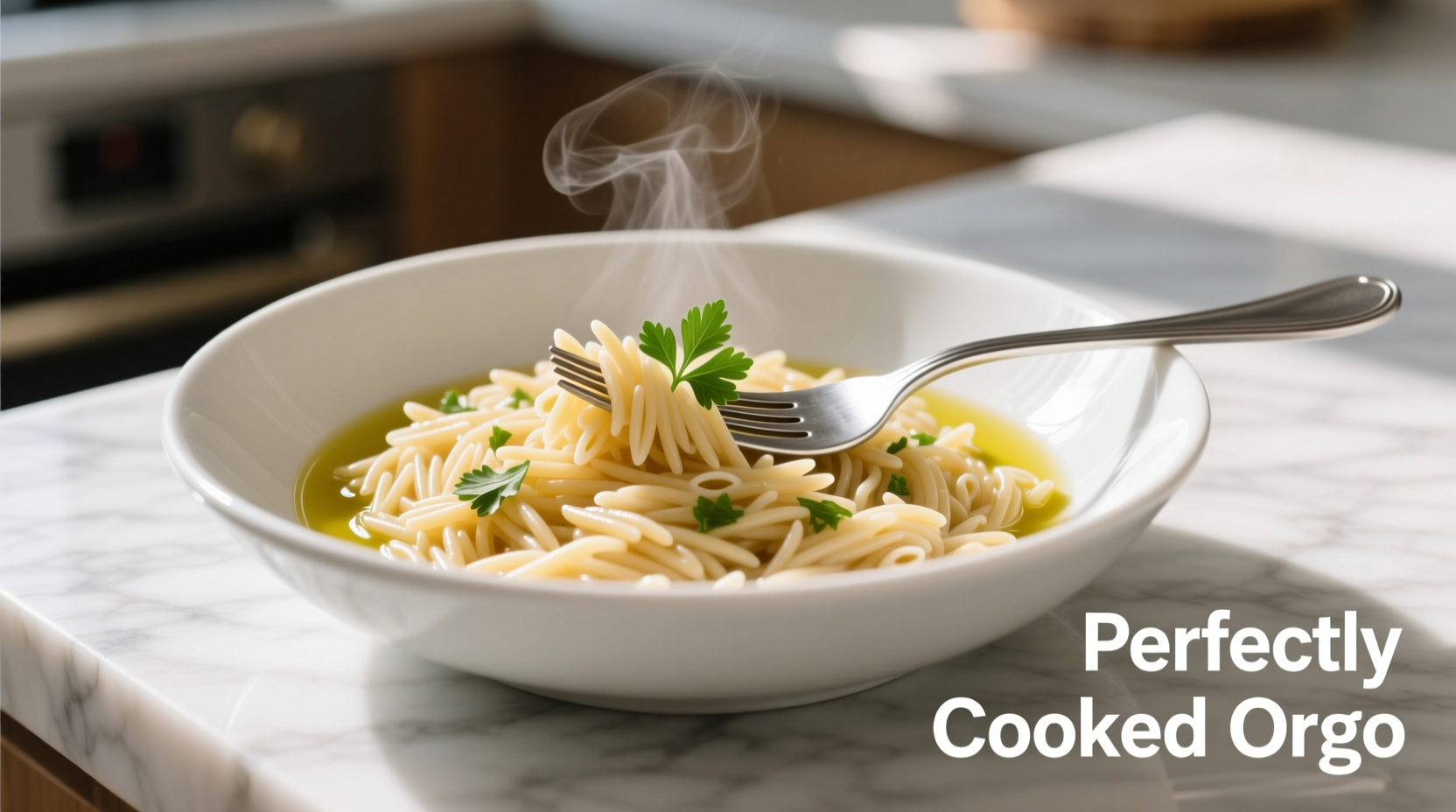 Perfectly cooked orzo pasta in a white bowl with fork