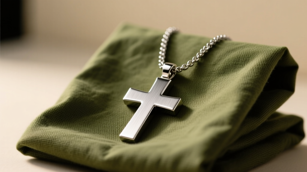 Close-up of a brushed 316L stainless steel military cross necklace resting on folded olive green canvas under soft, warm lighting.