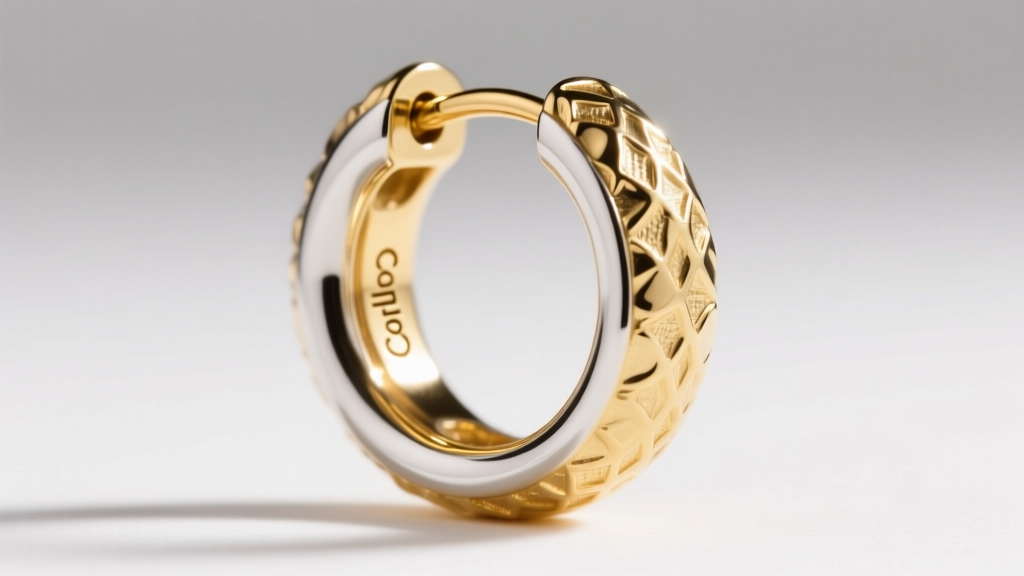 Macro photo of a Carolyn Pollack 14k yellow gold vermeil sterling silver hoop earring showing the brand hallmark stamp on the post