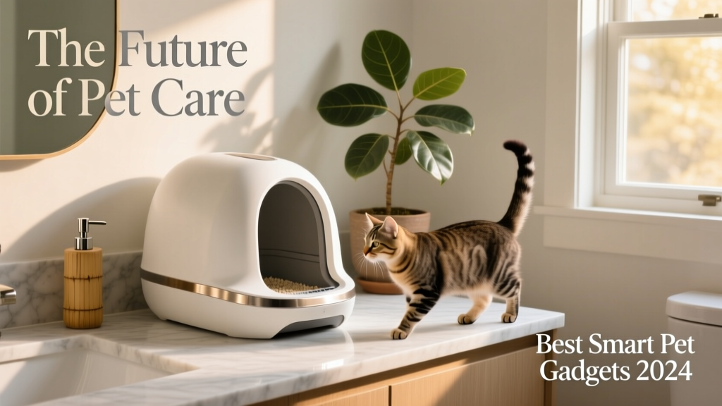 A sleek, modern self-cleaning litter box in a tidy bathroom setting