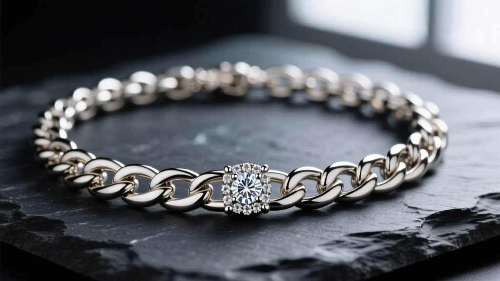 Macro shot of an 18k palladium white gold Cuban link necklace with a micro-pavé diamond clasp resting on dark slate