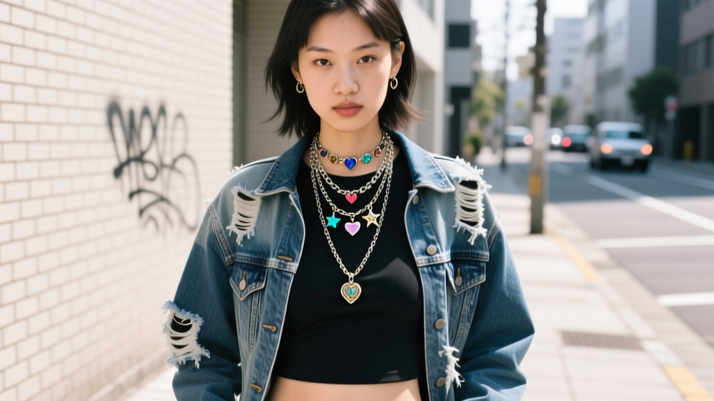 Street portrait of a model wearing a layered Harajuku lovers necklace over a tight black baby tee and distressed denim jacket