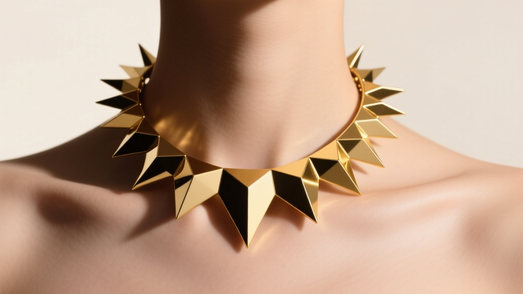 Close-up of an avant-garde gold statement necklace with sharp geometric spikes resting on a collarbone under soft studio lighting