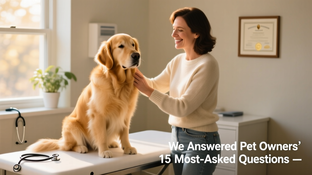 A calm golden retriever sitting beside its owner on a veterinary exam table, looking relaxed while receiving gentle ear scratches