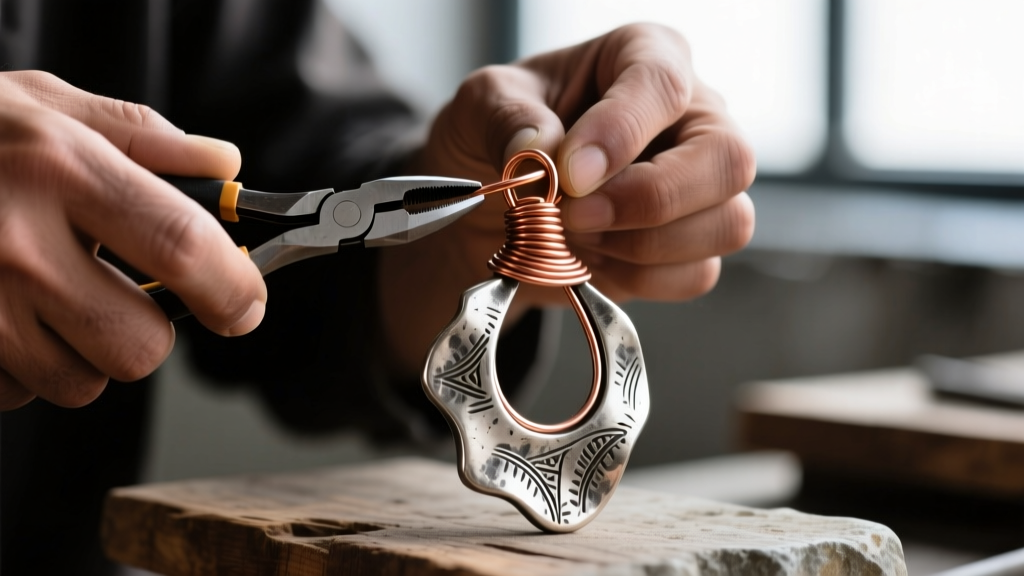 Artisan hands using round-nose pliers to wrap 16-gauge oxidized copper wire around a heavy irregular Tuareg silver metal pendant.