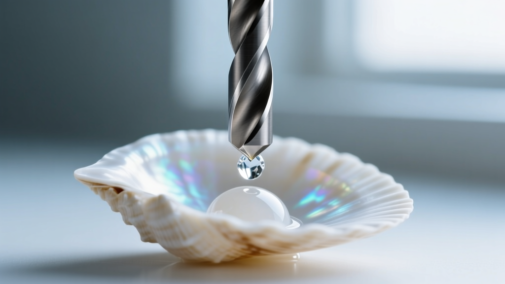 Close-up of a 1.5mm diamond-coated drill bit carefully piercing a white conch shell fragment under a drop of water for cooling