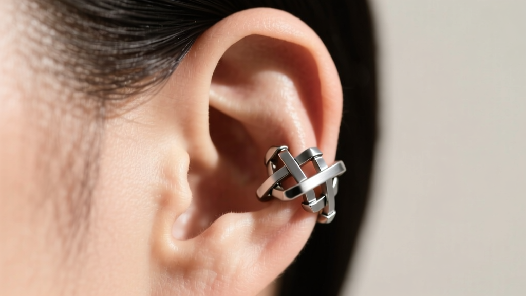 Side profile of an ear wearing an ASTM F136 titanium centipede ear cuff, demonstrating proper tension clearance above the tragus