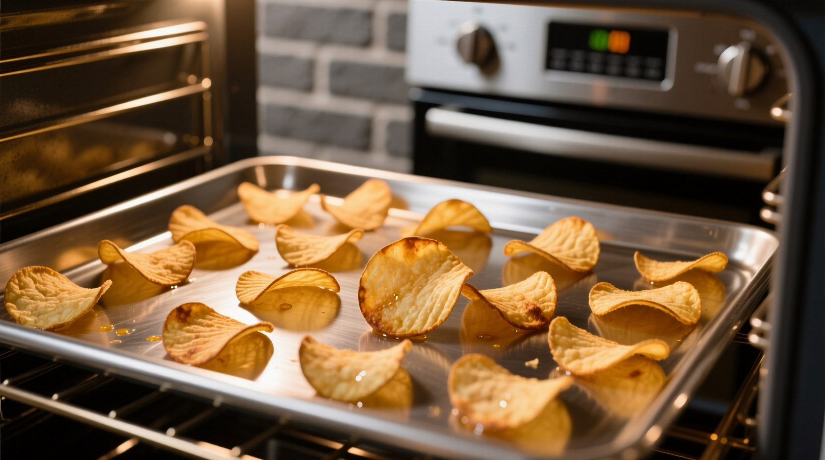 Potato chips spread on baking sheet in oven
