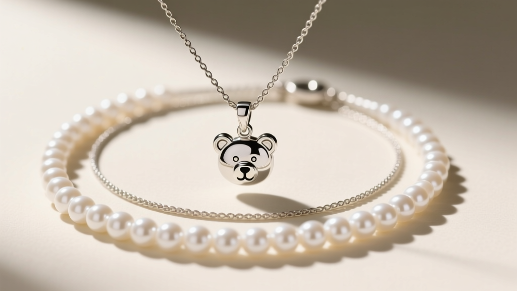 Flat lay styling of a layered necklace stack featuring a delicate 15mm silver bear claw on a 1.2mm cable chain and a pearl choker