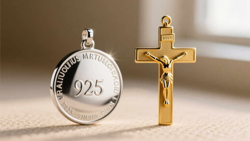 Macro shot of a sterling silver miraculous medal and gold crucifix showing the 925 hallmark stamped on the polished back.