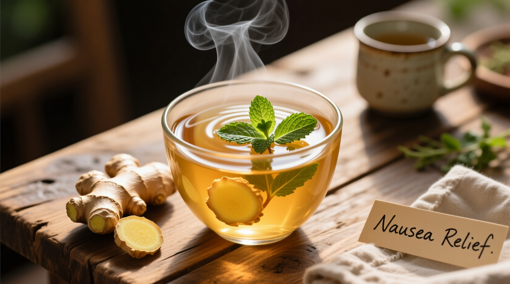 Ginger root and peppermint tea for nausea relief