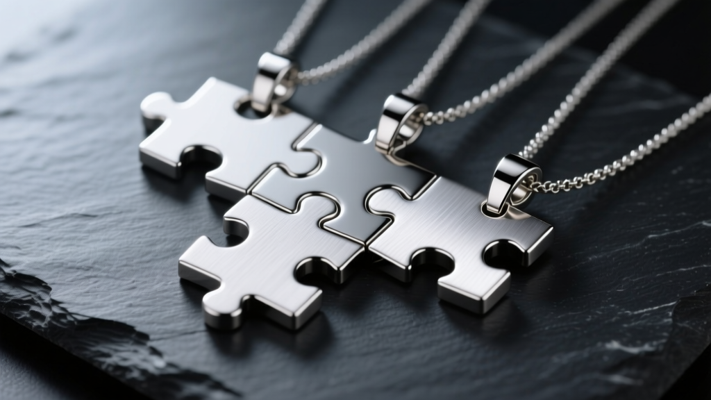 Four interlocking brushed titanium puzzle pendants laid on dark slate, soft directional lighting highlighting beveled edges and metal grain.