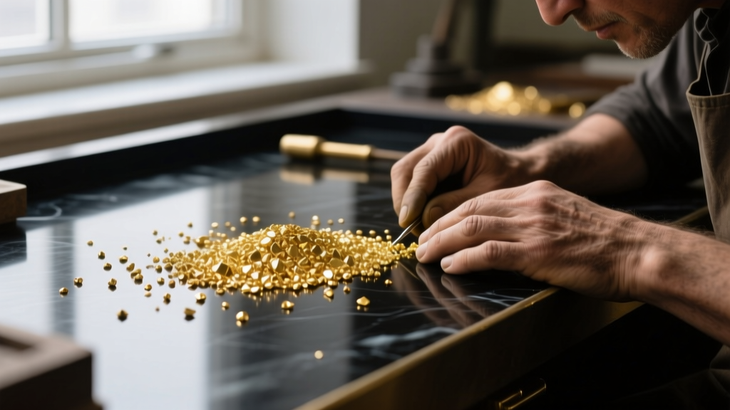 Macro shot of a luxury workbench showing raw 18k gold grain, a jeweler
