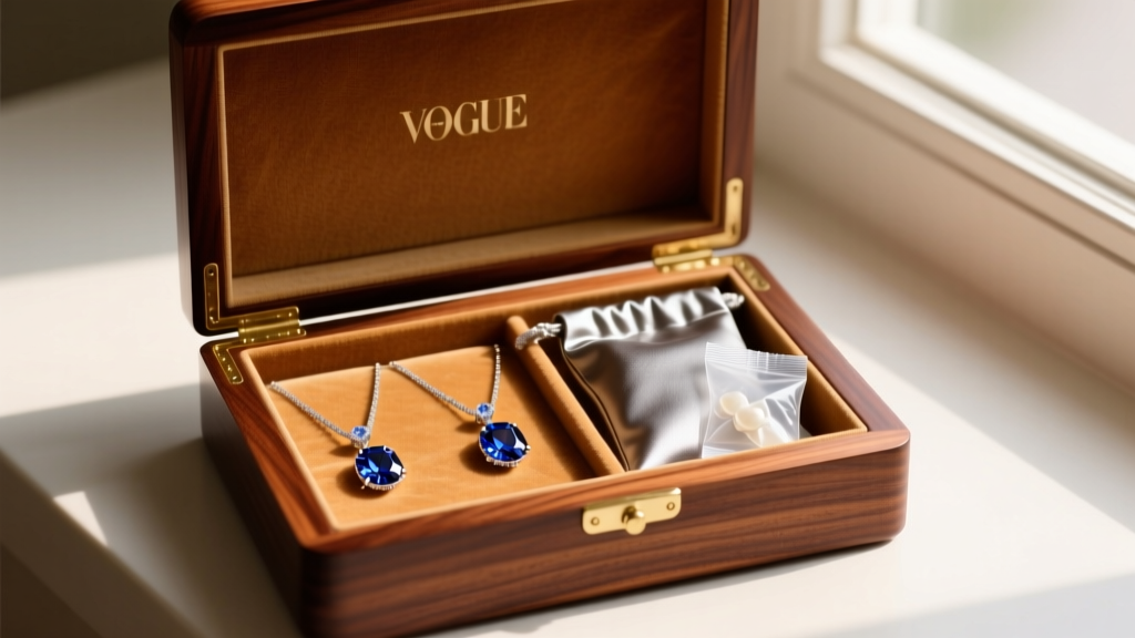 Anti-tarnish cloth pouches and silica gel packets inside a lined mahogany jewelry box protecting delicate sapphire pendants.