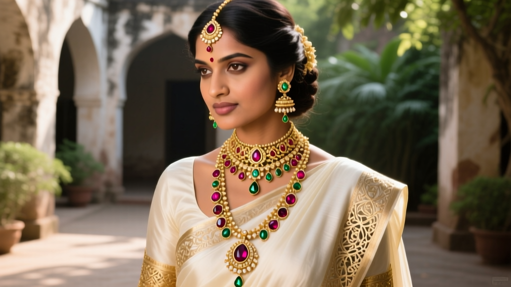 Bride wearing a 22k gold South Indian Temple necklace with ruby and emerald cabochons, illuminated by soft cinematic lighting