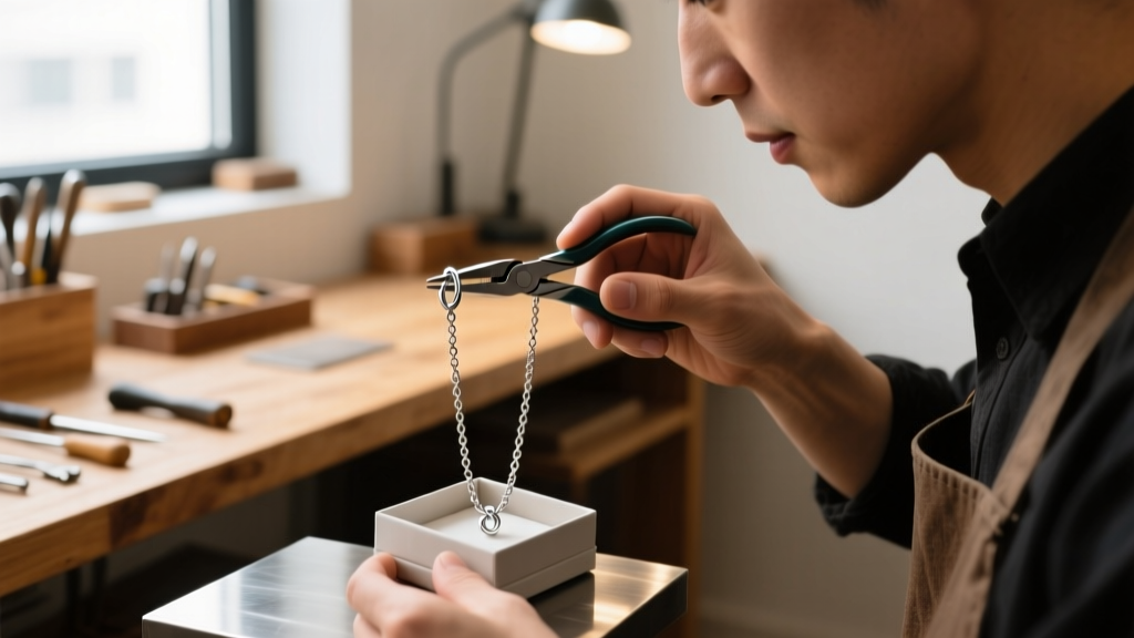 Jeweler using pliers to secure a silver necklace jump ring onto a delicate box chain in a warm, well-lit workshop.