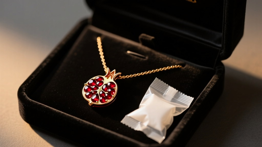 A carved garnet pomegranate seed necklace resting inside a dark velvet jewelry box next to a silica gel packet in warm moody light