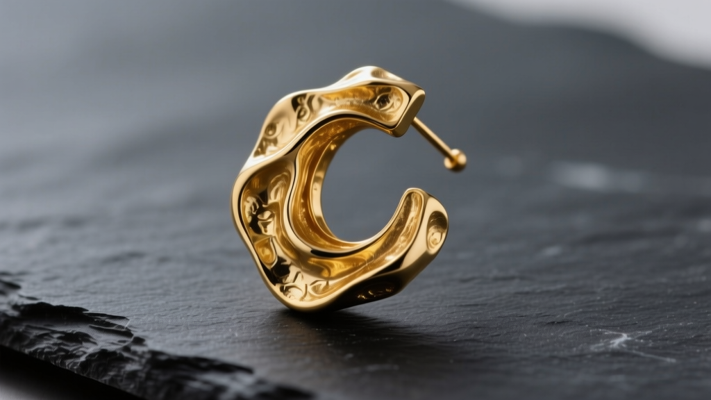 Textured gold vermeil sculptural Noa Zuman earring on dark slate, highlighting organic wax-cast details in soft studio light