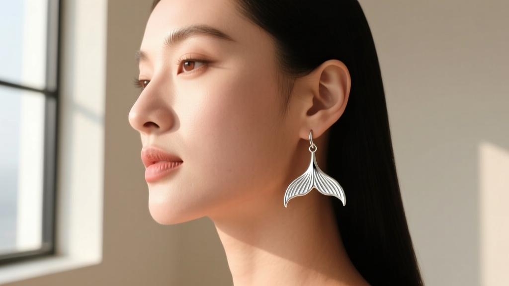 Profile of a woman wearing a sterling silver whale tail drop earring, showing how the fluke frames her jawline in soft light.