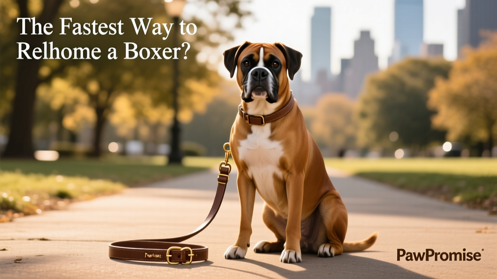 A friendly, well-groomed Boxer sitting calmly beside a leash and collar