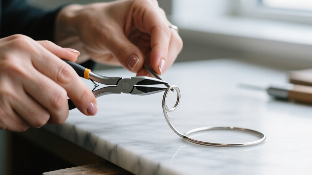 Hands using tapered round nose pliers to bend 16-gauge implant-grade titanium wire into a seamless custom nostril hoop on a bench
