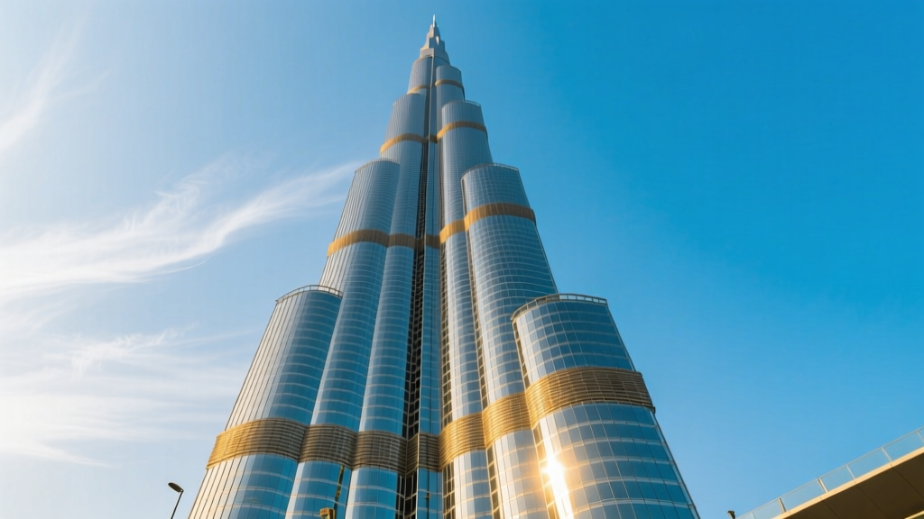 Low-angle architectural view of the Burj Khalifa reflective glass and stainless steel cladding gleaming against a clear blue Dubai sky