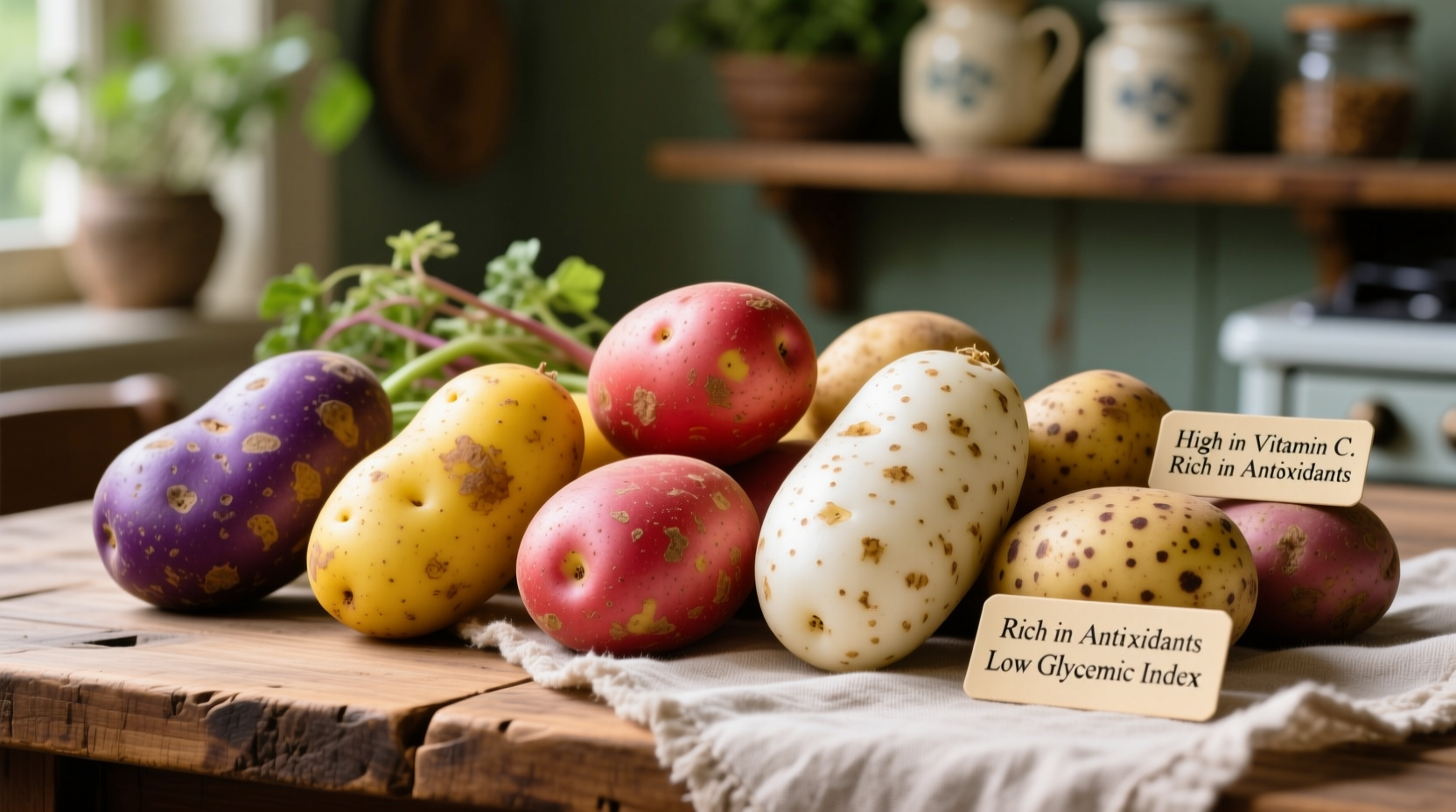 Colorful assortment of potato varieties showing nutritional differences