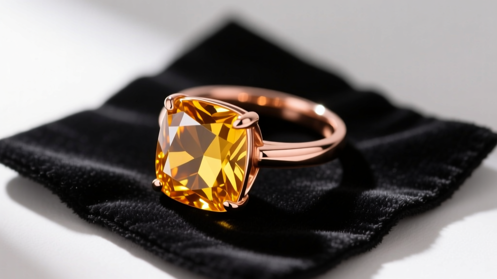 Overhead view of a 1940s retro era rose gold cocktail ring with a large cushion-cut citrine resting on a dark velvet cleaning mat