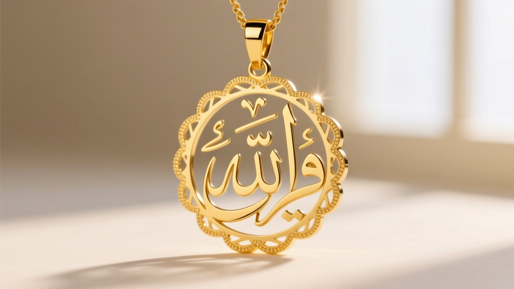 Macro shot of an 18k yellow gold Bismillah pendant showing intricate laser-cut Arabic calligraphy edges and high-polish surface.