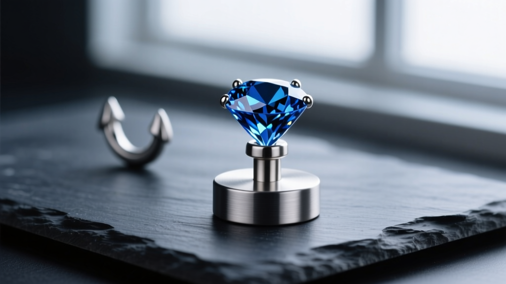 Macro shot of a titanium dermal anchor base and a sparkling gemstone top resting on dark slate in soft studio lighting