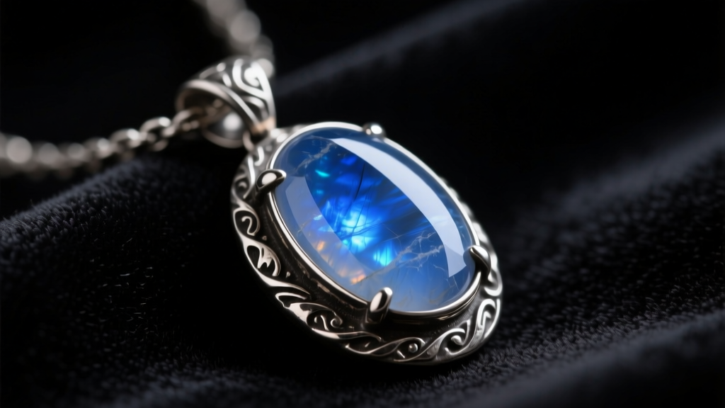 Close-up of a raw blue moonstone cabochon set in an oxidized sterling silver pendant, resting on dark velvet in moody lighting