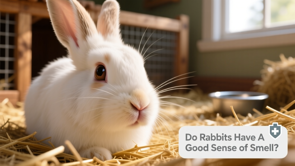 Close-up of a rabbit's moist, twitching nose against soft hay