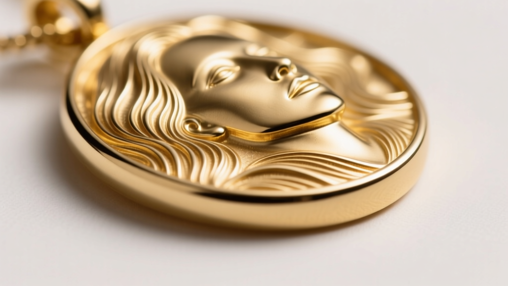 Macro shot of a vermeil bas relief pendant edge, showing thick gold plating and crisp lost-wax casting detail lines on the metal.