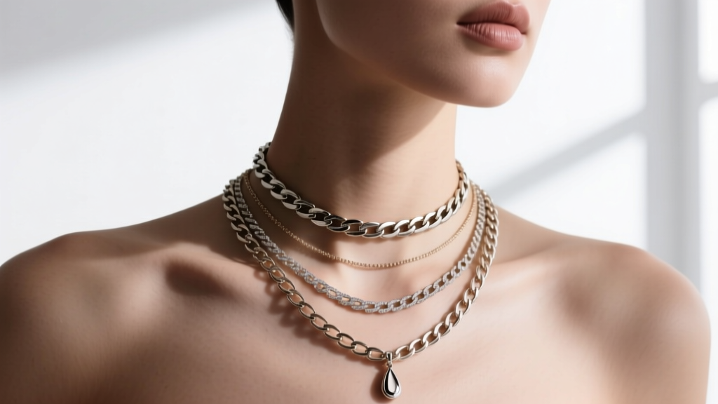 Bust wearing layered Necklace Valley chains, highlighting the 16-inch choker, 18-inch princess, and 24-inch matinee drop lengths