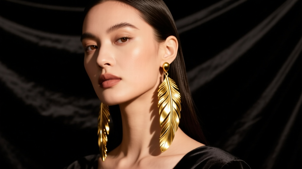 Model wearing gold cast-metal long feather earrings, illuminated by warm studio lighting against a dark velvet backdrop