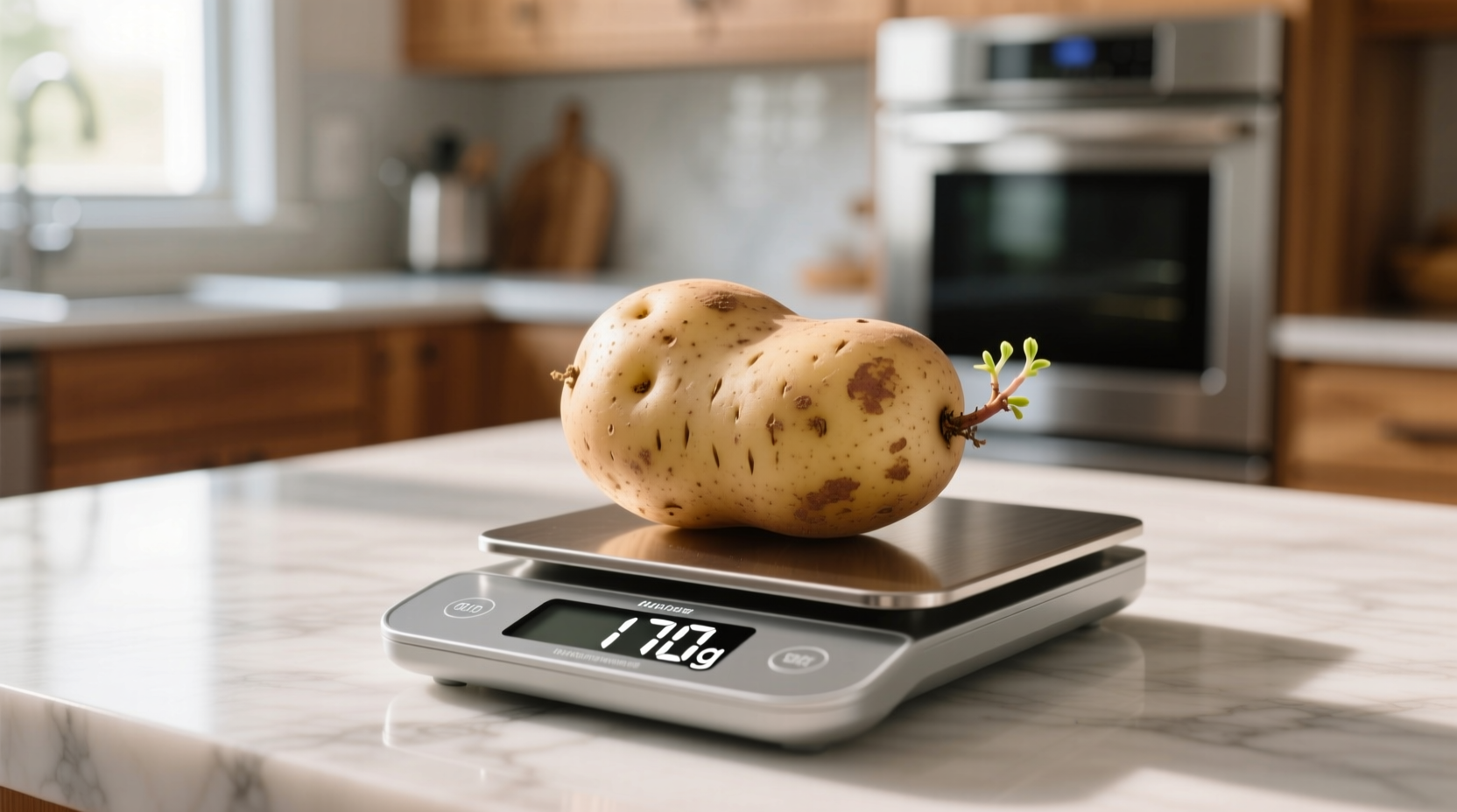 Medium potato next to measuring scale showing 170g weight