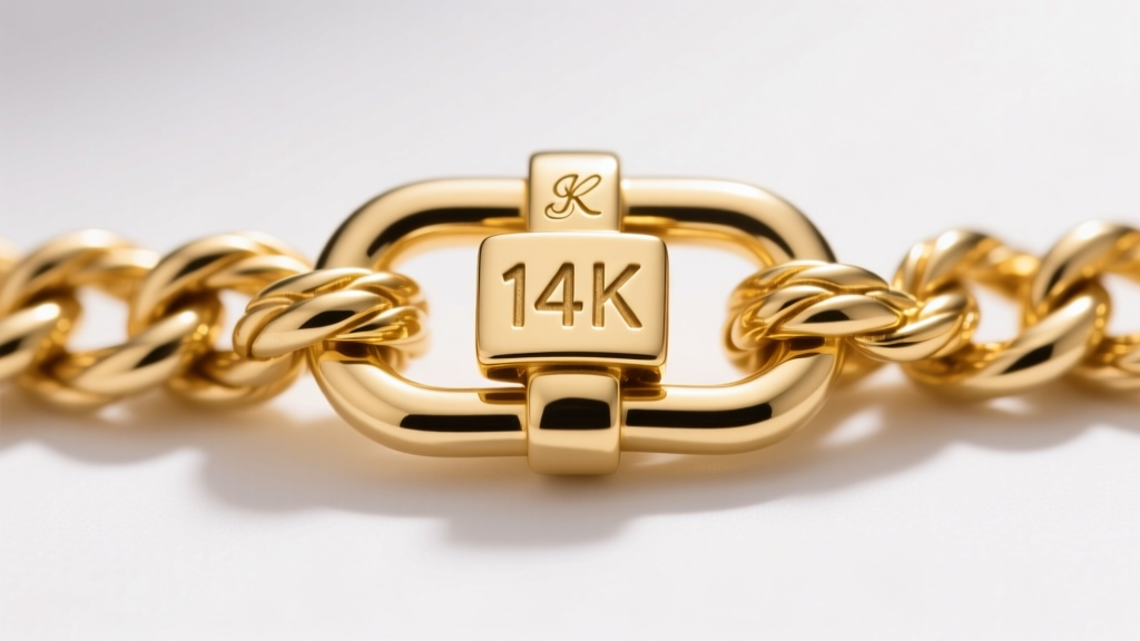 Macro photo of a 14k yellow gold rope chain clasp showing a crisp 14K stamp and maker's mark under bright studio lighting.