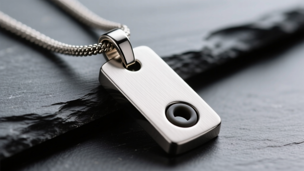 Macro shot of a brushed titanium cremation pendant with a threaded bail and Viton O-ring resting on dark slate under soft light.
