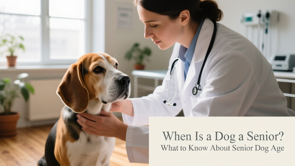 Veterinarian gently examining an older beagle during a routine checkup, with calm expression and soft lighting