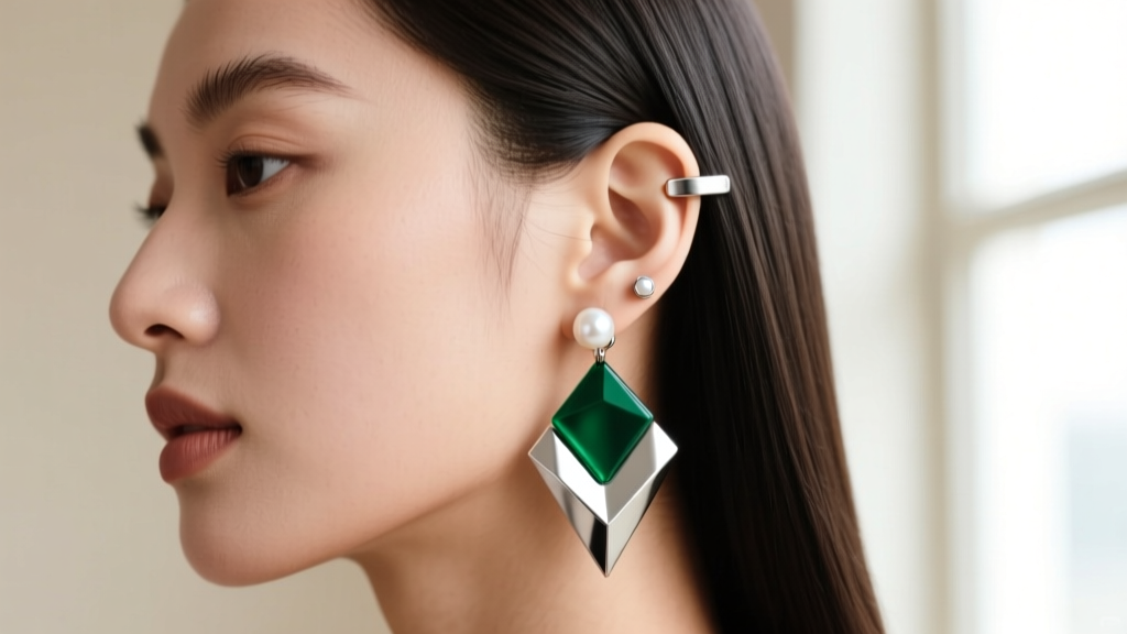 Side profile of a woman displaying a three-earring setup with a geometric lobe dangle and two delicate flat-back cartilage studs