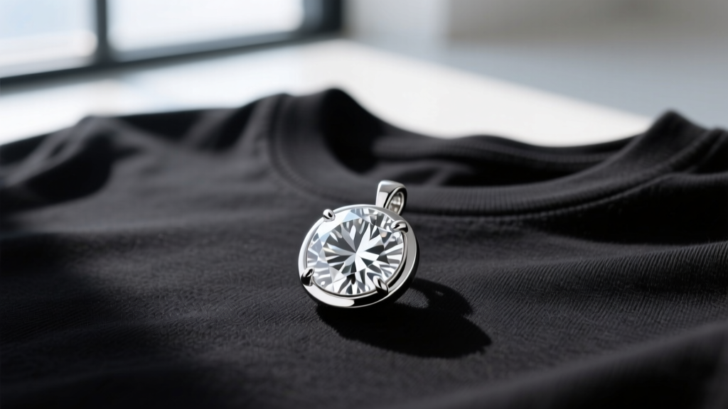 Macro shot of an I1 clarity diamond pendant in a bezel setting showing white inclusions, worn over a black cotton t-shirt.