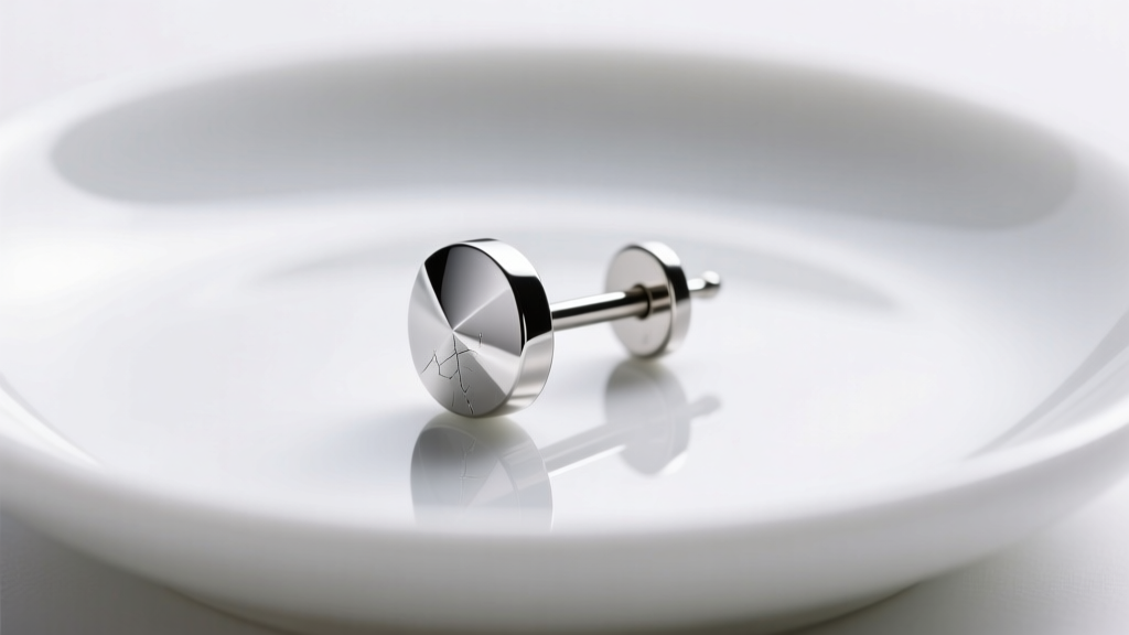 Macro photo of an implant-grade titanium earring post with a mirror finish, resting on a white ceramic dish under studio lighting